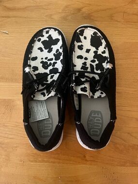 Hey Dude Black & White Cow-Print Canvas Slip-Ons